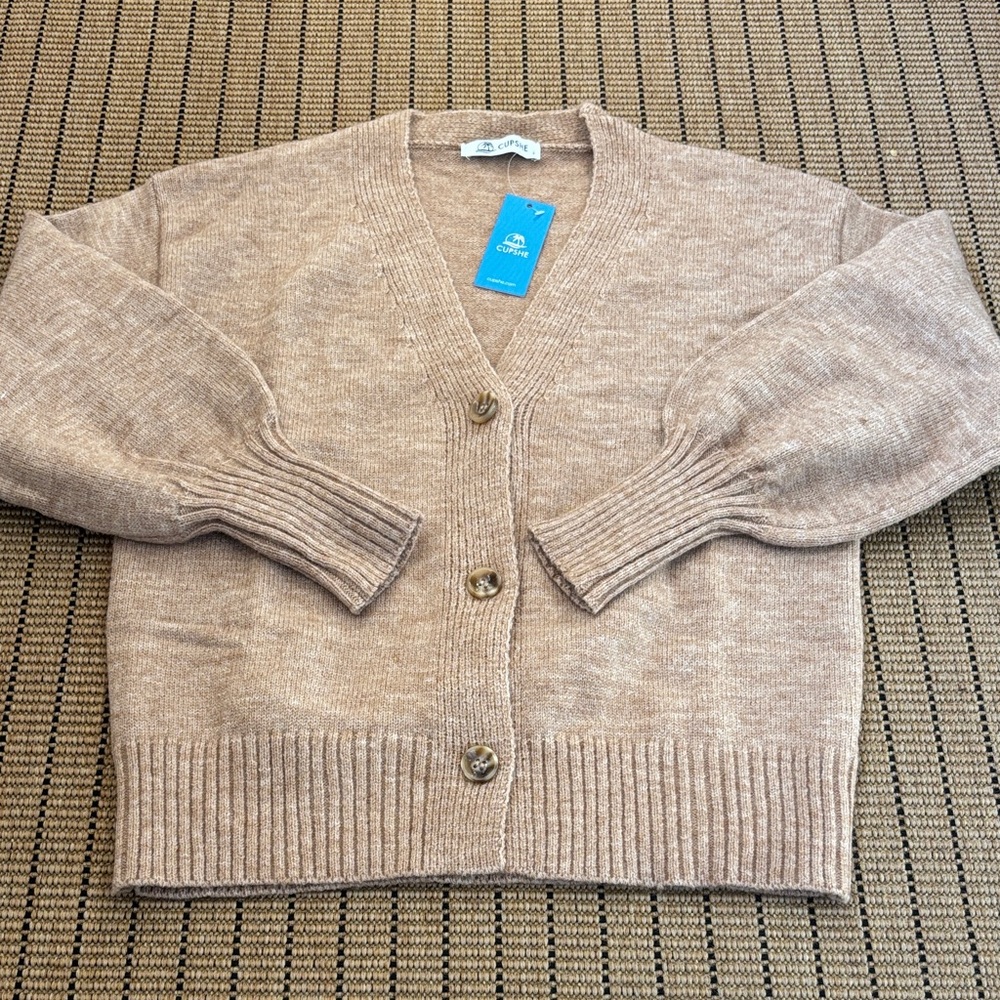 Cupshe Cardigan Tan Vee Neck Bubble Sleeve